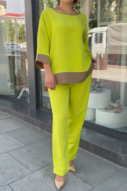 Conjunto de dos piezas con cuello redondo, manga de nueve puntos y bolsillos en contraste, estilo Street Simplicity