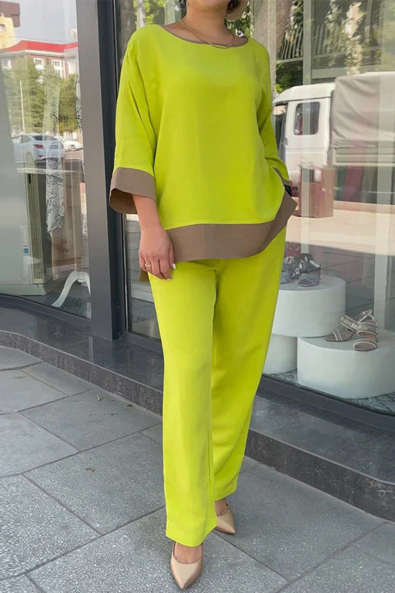 Conjunto de dos piezas con cuello redondo, manga de nueve puntos y bolsillos en contraste, estilo Street Simplicity