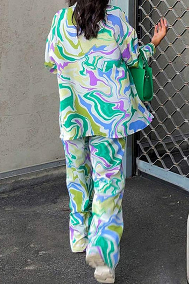 Cárdigan informal con estampado y pantalones, cuello vuelto, manga larga, dos piezas