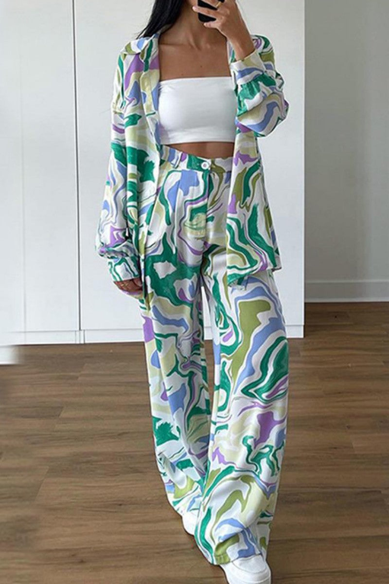 Cárdigan informal con estampado y pantalones, cuello vuelto, manga larga, dos piezas