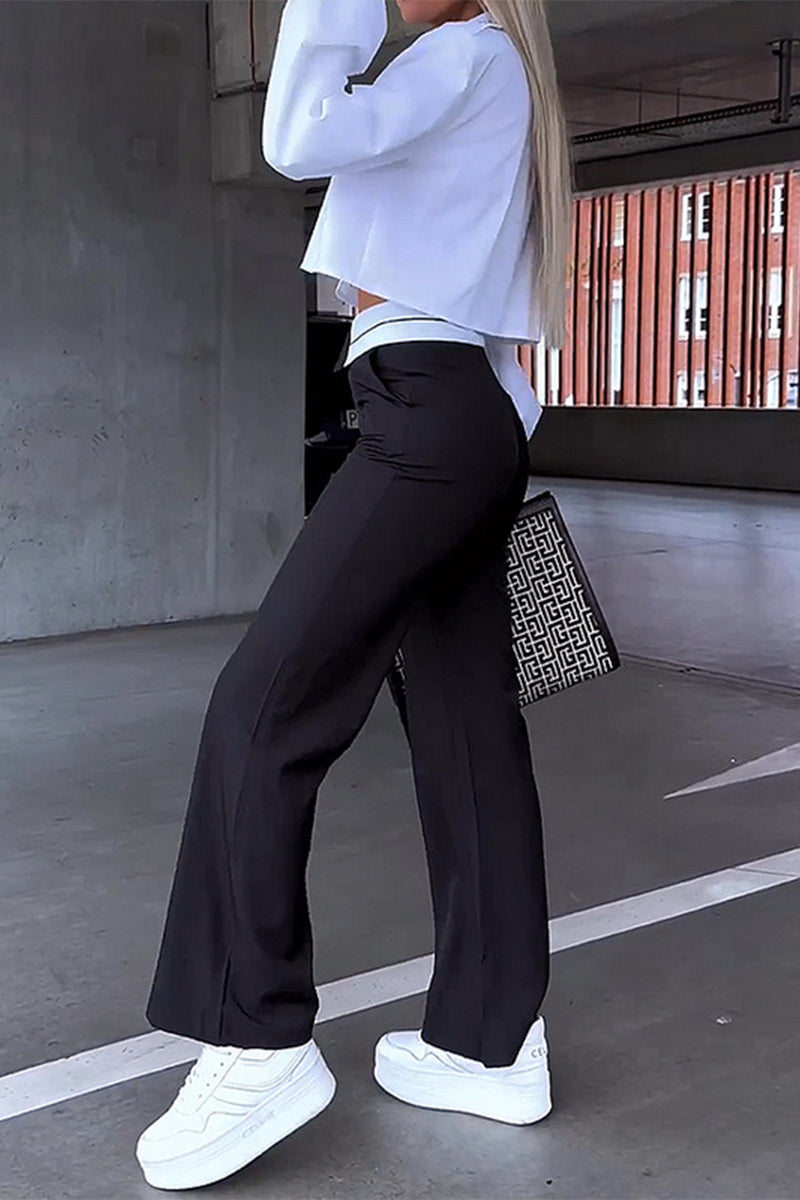 Conjunto elegante de dos piezas con cuello vuelto, manga larga y bolsillos sólidos