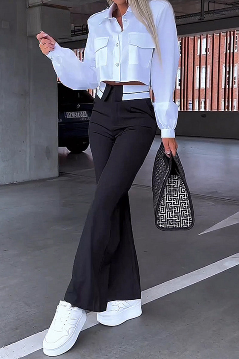 Conjunto elegante de dos piezas con cuello vuelto, manga larga y bolsillos sólidos