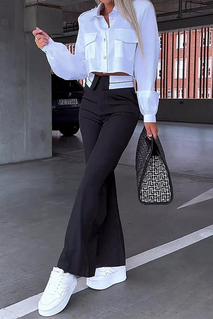 Conjunto elegante de dos piezas con cuello vuelto, manga larga y bolsillos sólidos
