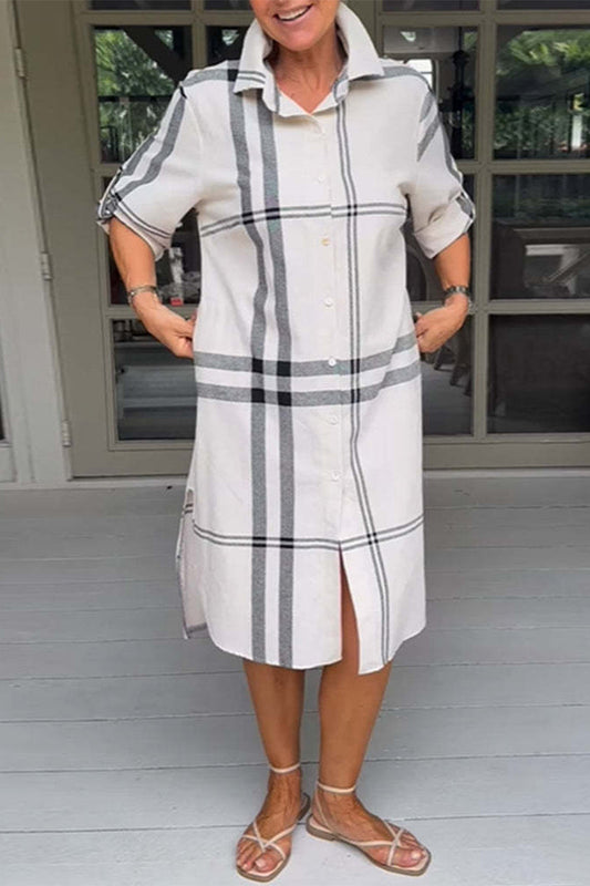 Vestidos casuales sencillos de cuadros con bolsillos y cuello vuelto en forma de A