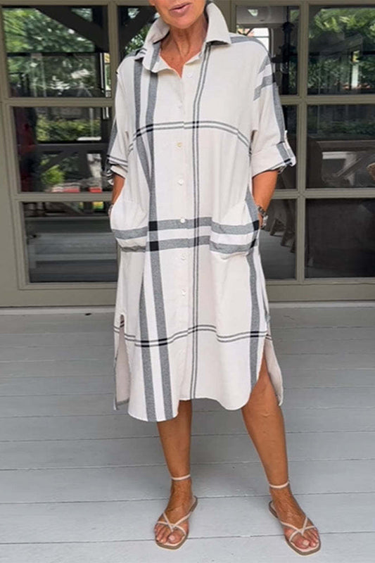 Vestidos casuales sencillos de cuadros con bolsillos y cuello vuelto en forma de A