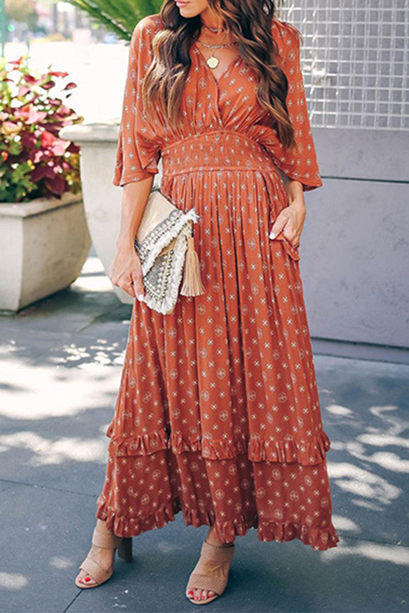 Elegante vestido de corte A con escote en V y bolsillos con estampado universitario