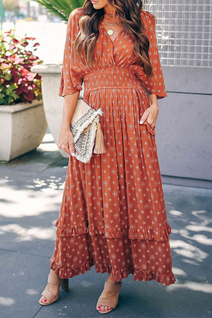 Elegante vestido de corte A con escote en V y bolsillos con estampado universitario