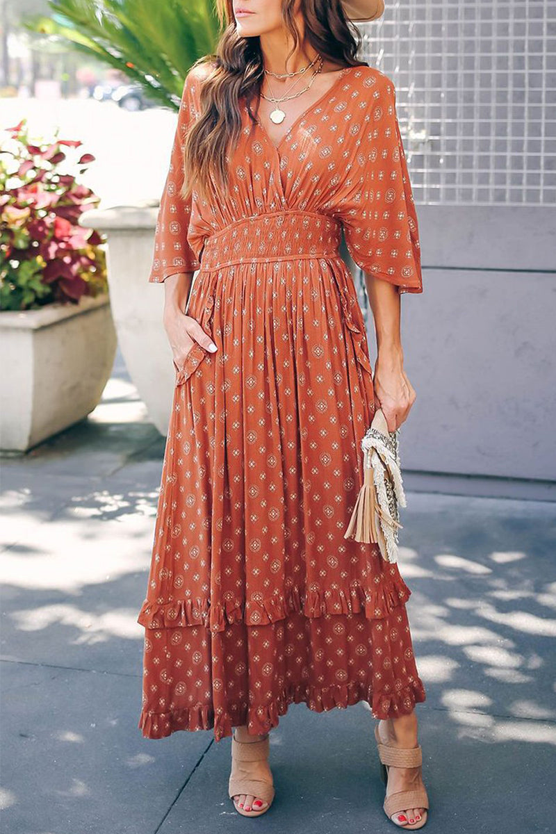 Elegante vestido de corte A con escote en V y bolsillos con estampado universitario