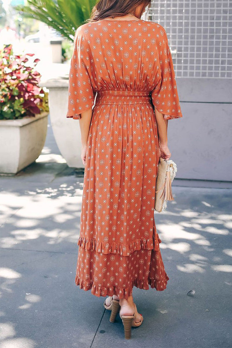 Elegante vestido de corte A con escote en V y bolsillos con estampado universitario