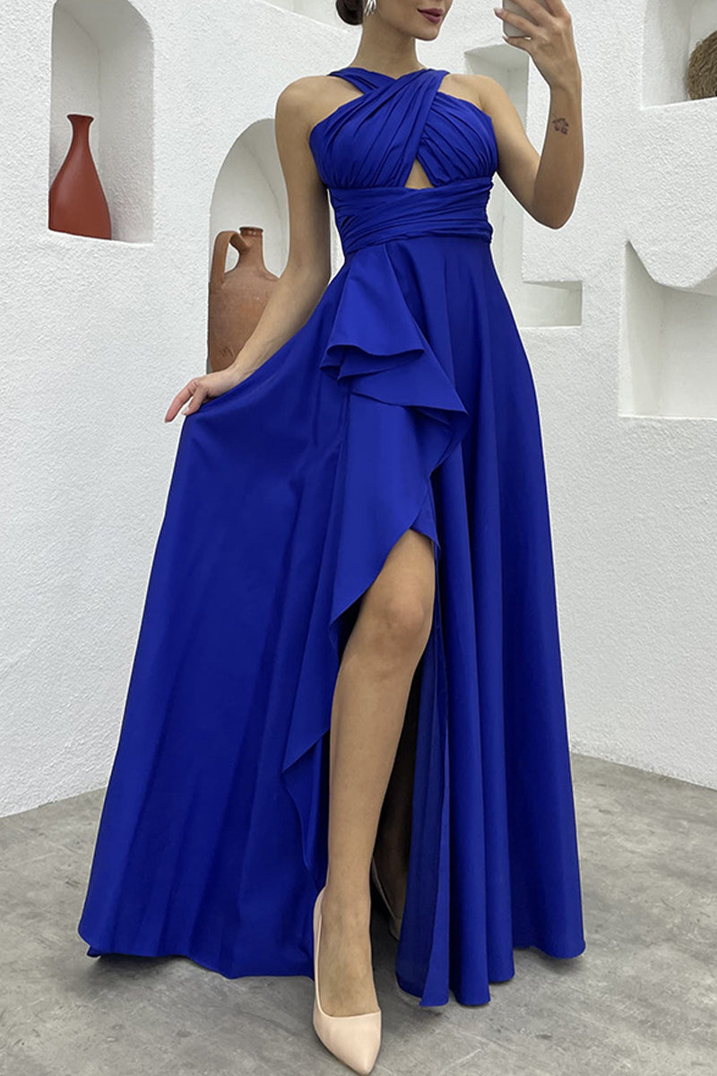 Elegante vestido de noche formal con cuello halter asimétrico y abertura sólida