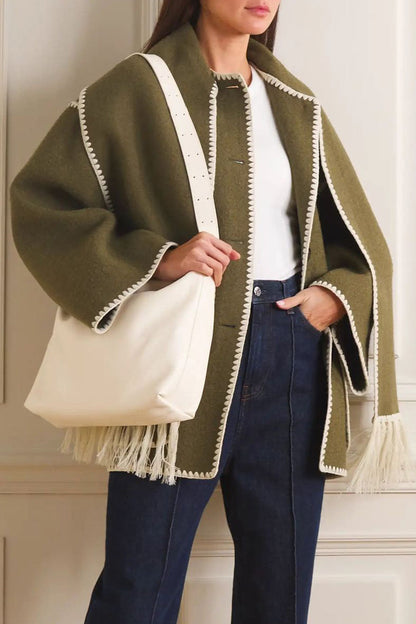 Prenda de abrigo informal estilo británico con borlas lisas y cuello tipo bufanda en contraste (5 colores)