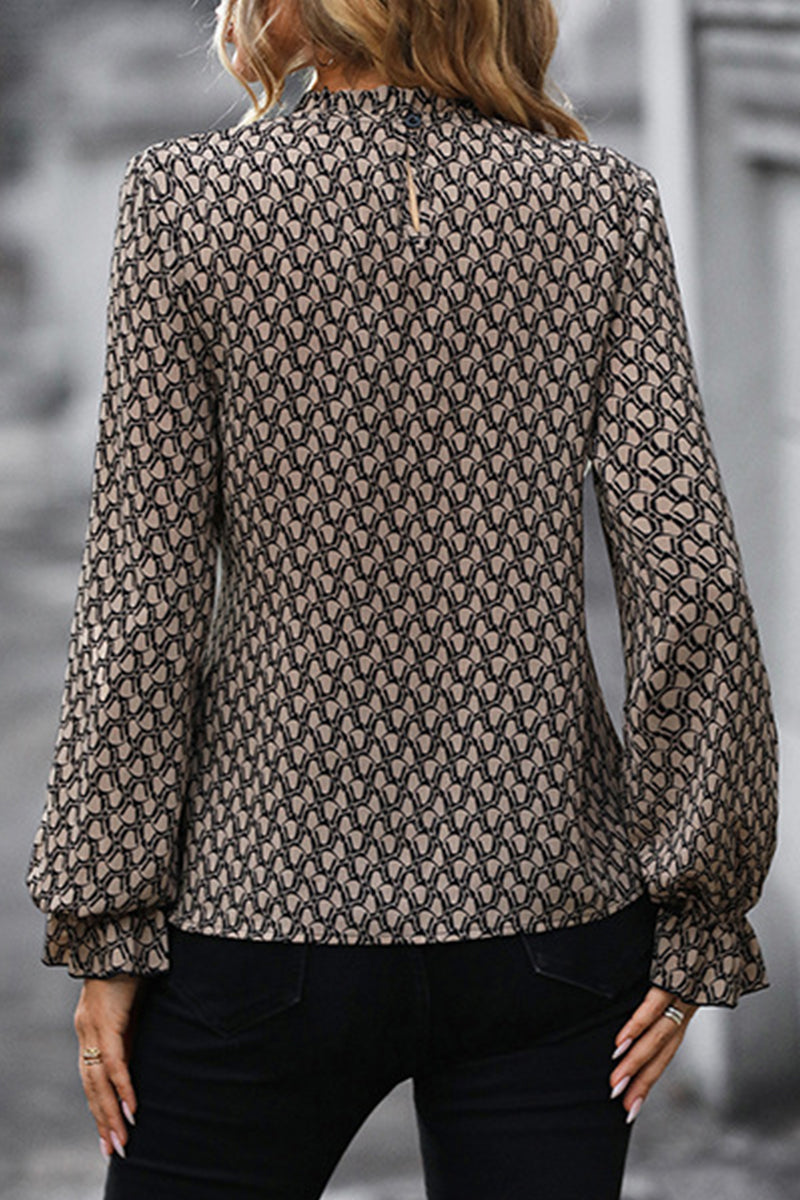 Elegante blusa con cuello redondo y estampado de frenillo de leopardo