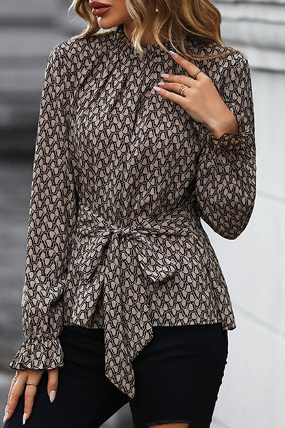Elegante blusa con cuello redondo y estampado de frenillo de leopardo