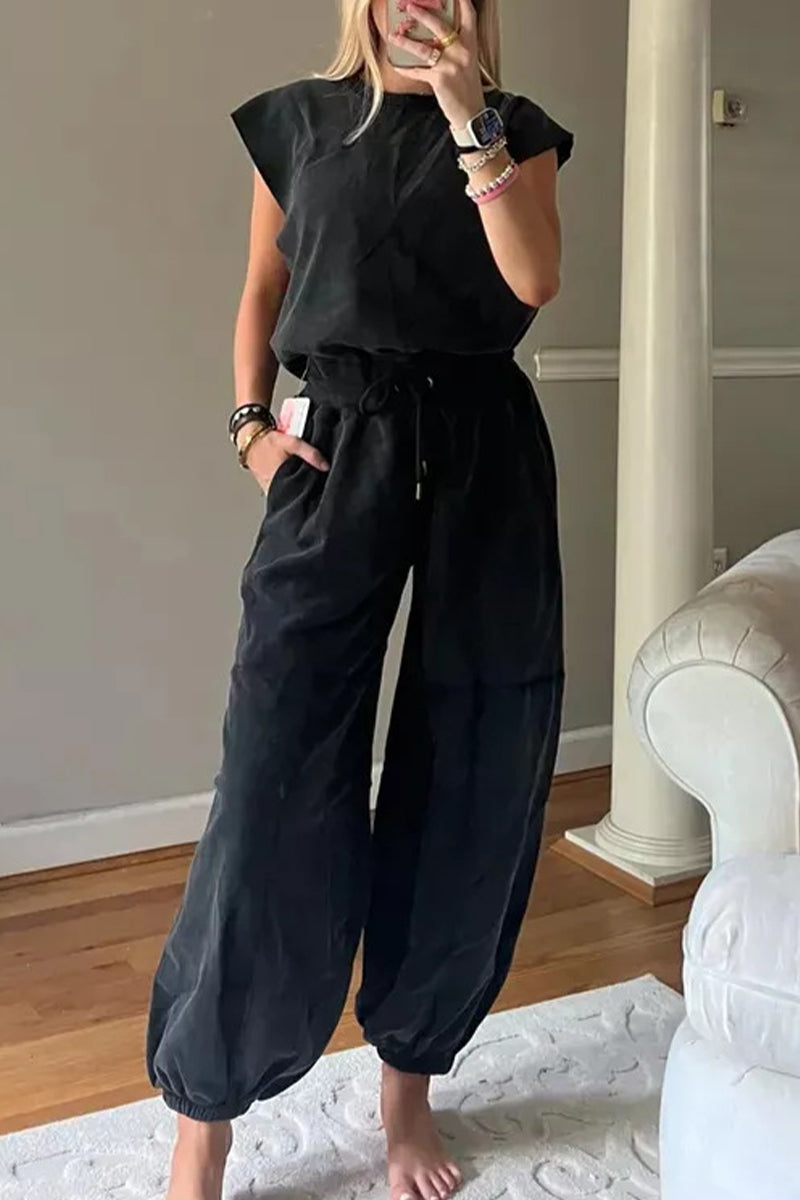 Mono holgado informal sencillo con bolsillos sólidos, frenillo, espalda descubierta y cuello redondo
