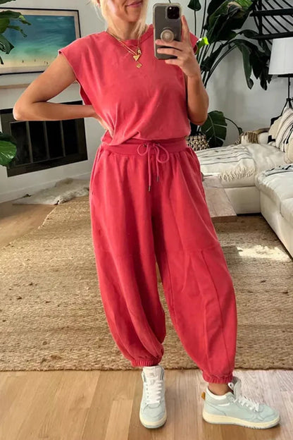 Mono holgado informal sencillo con bolsillos sólidos, frenillo, espalda descubierta y cuello redondo