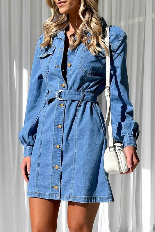 Vestido vaquero recto informal de manga larga con cuello vuelto, hebilla de bolsillo y cinturón