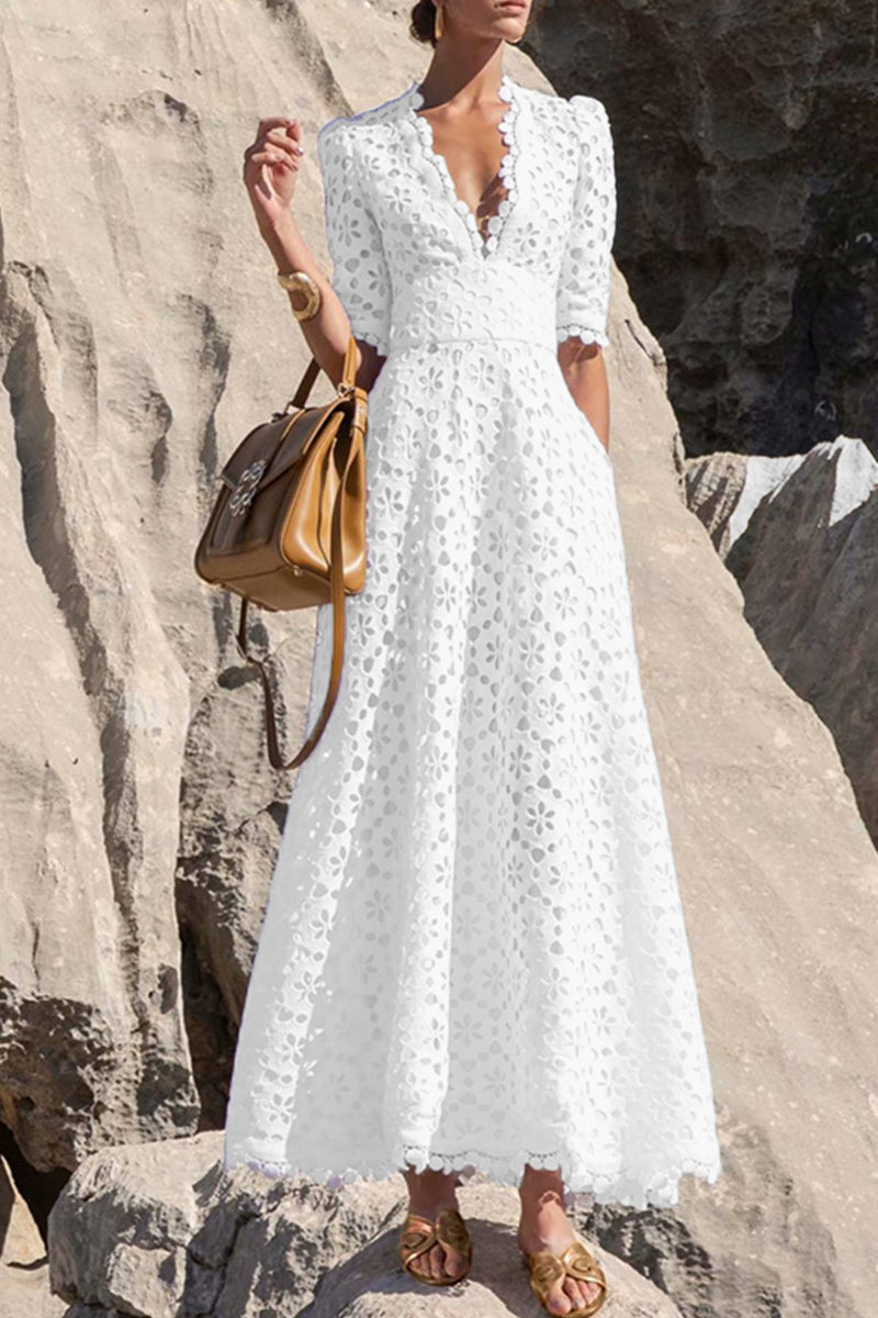 Vestido elegante de manga corta con escote en V y cintura ahuecada de color liso