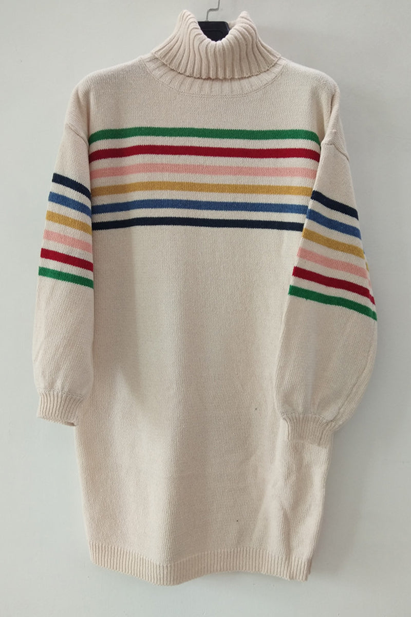 Vestidos casuales de manga larga con cuello alto y contraste de patchwork a rayas