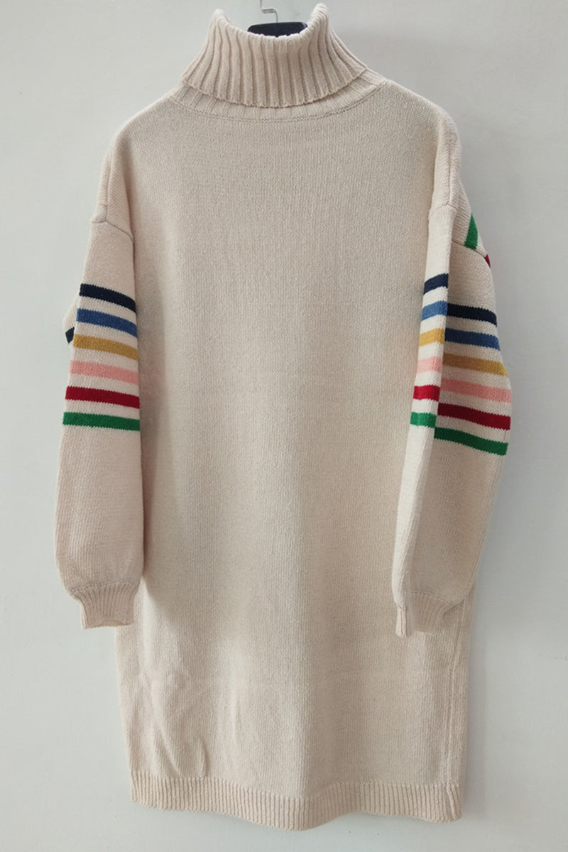 Vestidos casuales de manga larga con cuello alto y contraste de patchwork a rayas
