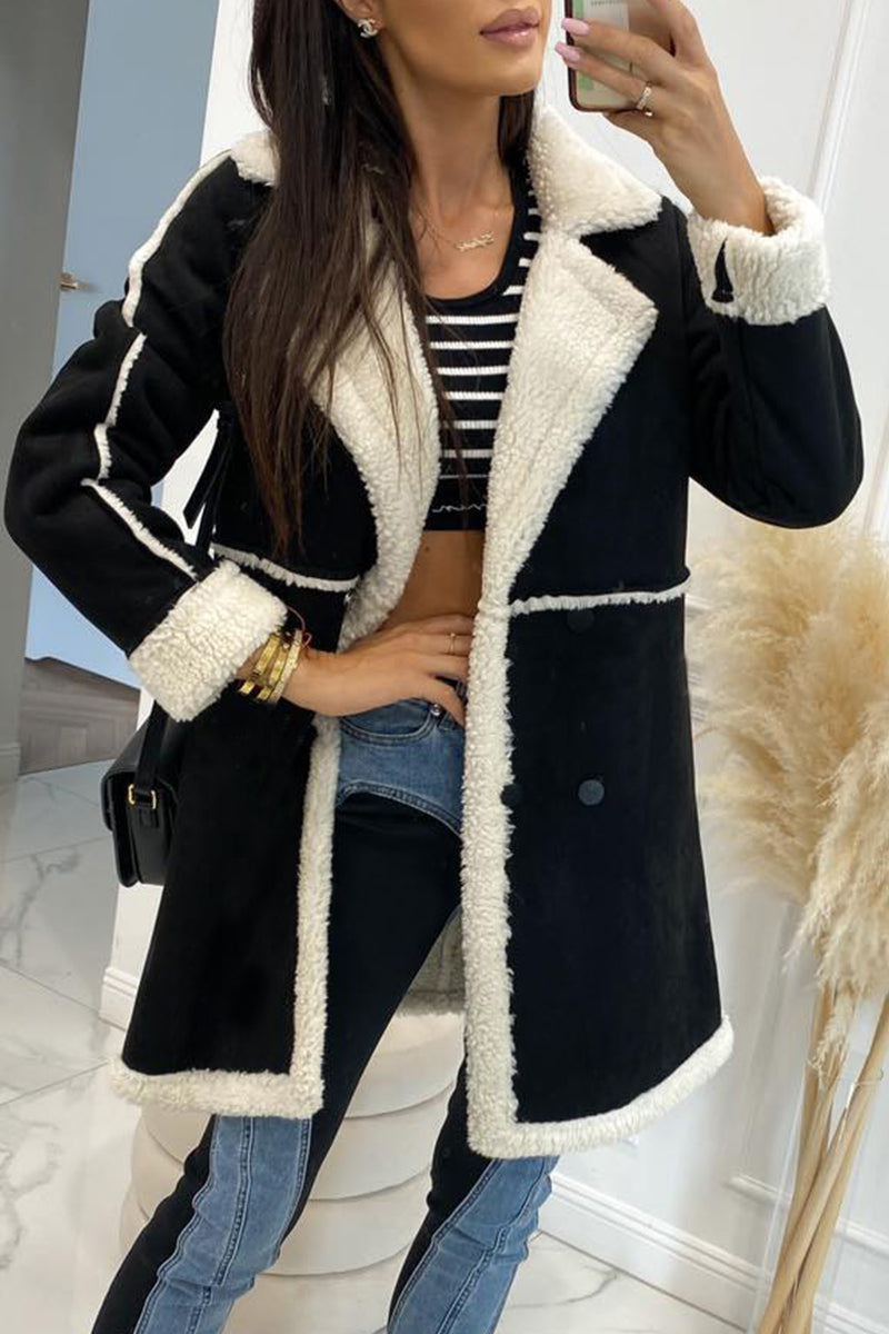 Elegante prenda exterior de cuello alto medio con bolsillos y parches sólidos