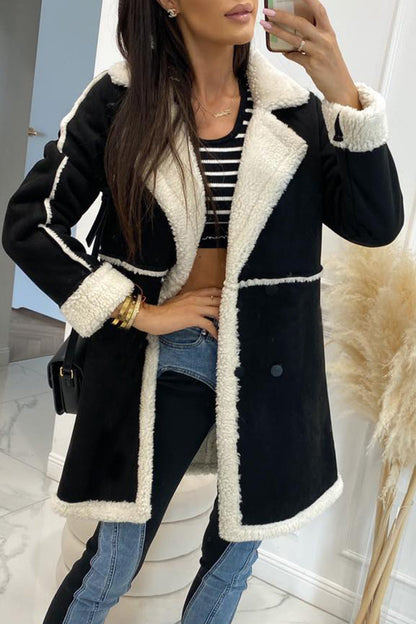 Elegante prenda exterior de cuello alto medio con bolsillos y parches sólidos