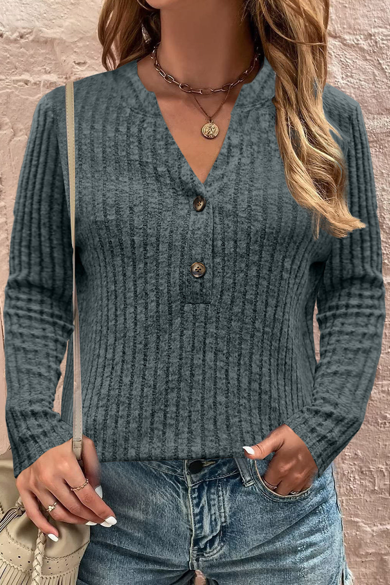 Tops casuales de cuello en V con botones sólidos