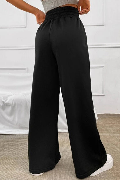Pantalones casuales de color liso con frenillo suelto, cintura alta, pierna ancha (6 colores)