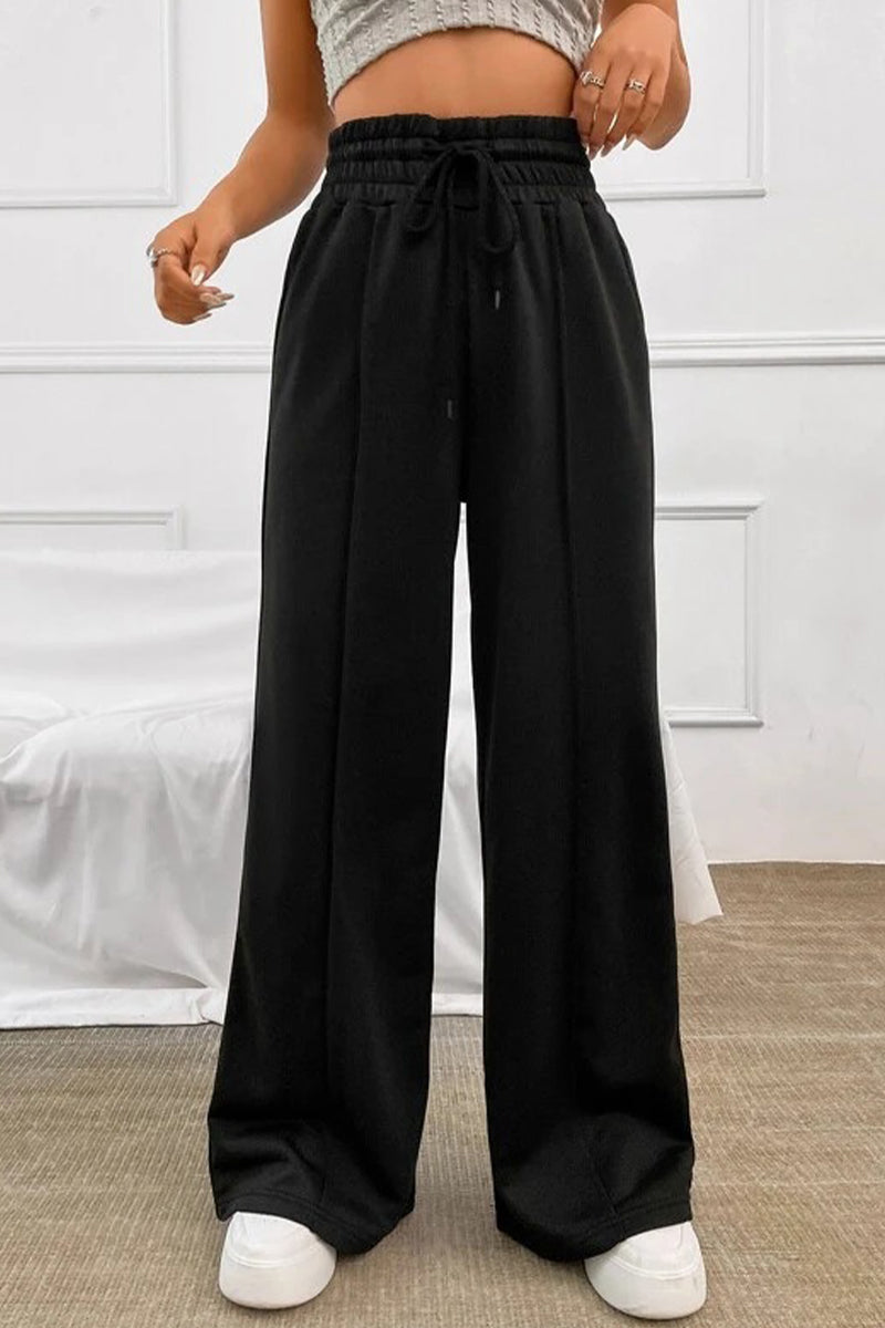 Pantalones casuales de color liso con frenillo suelto, cintura alta, pierna ancha (6 colores)