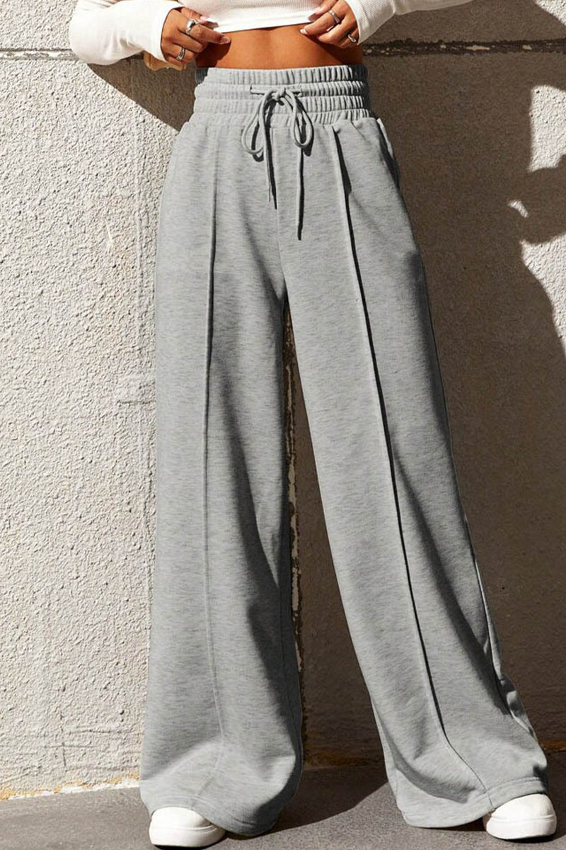 Pantalones casuales de color liso con frenillo suelto, cintura alta, pierna ancha (6 colores)