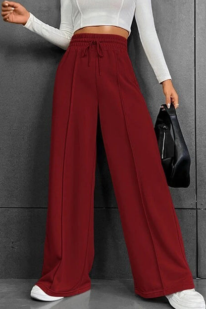 Pantalones casuales de color liso con frenillo suelto, cintura alta, pierna ancha (6 colores)