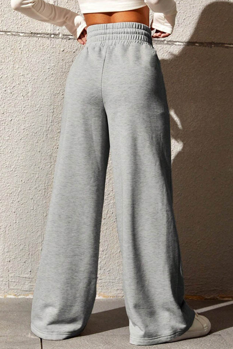 Pantalones casuales de color liso con frenillo suelto, cintura alta, pierna ancha (6 colores)