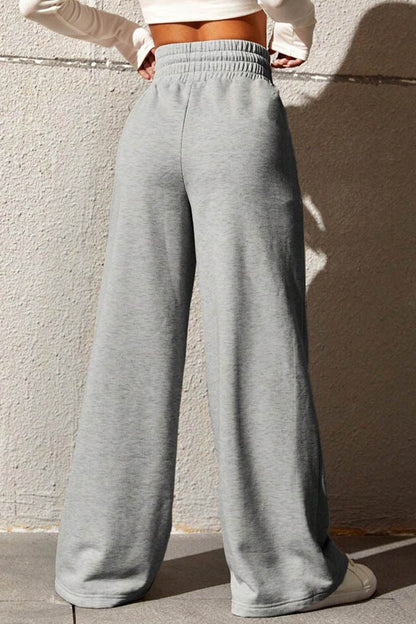 Pantalones casuales de color liso con frenillo suelto, cintura alta, pierna ancha (6 colores)