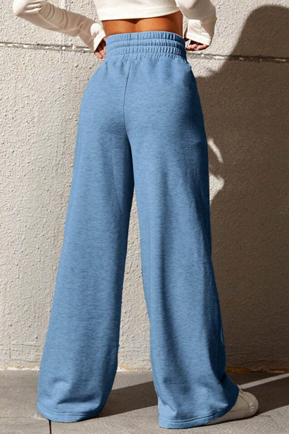 Pantalones casuales de color liso con frenillo suelto, cintura alta, pierna ancha (6 colores)