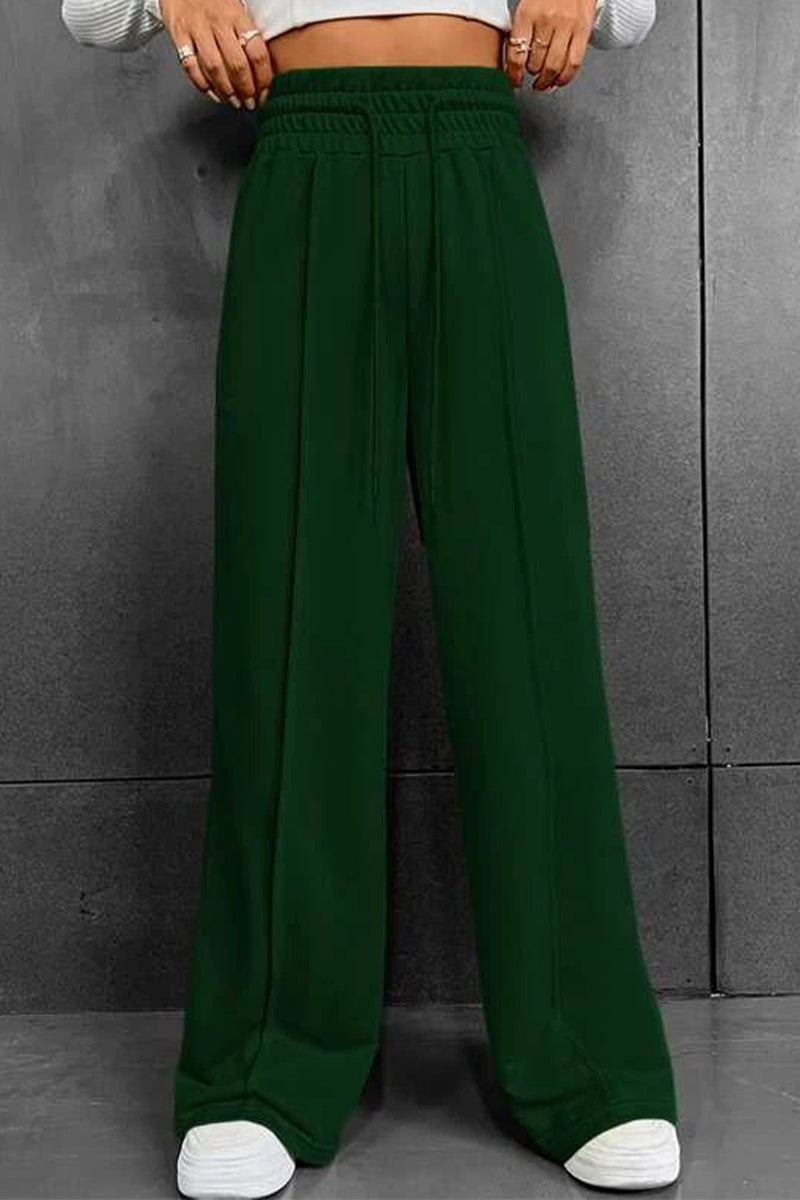 Pantalones casuales de color liso con frenillo suelto, cintura alta, pierna ancha (6 colores)