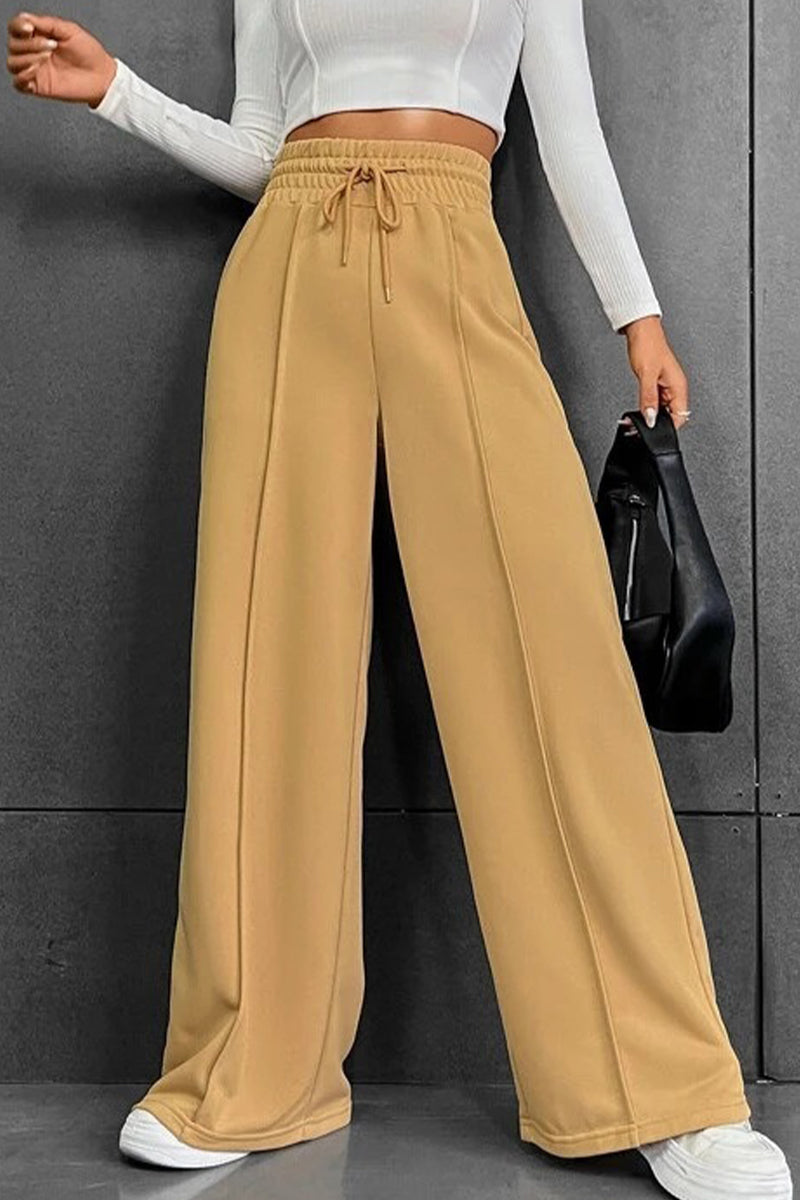 Pantalones casuales de color liso con frenillo suelto, cintura alta, pierna ancha (6 colores)