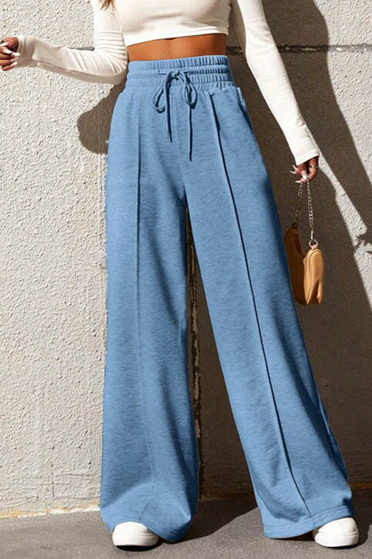 Pantalones casuales de color liso con frenillo suelto, cintura alta, pierna ancha (6 colores)