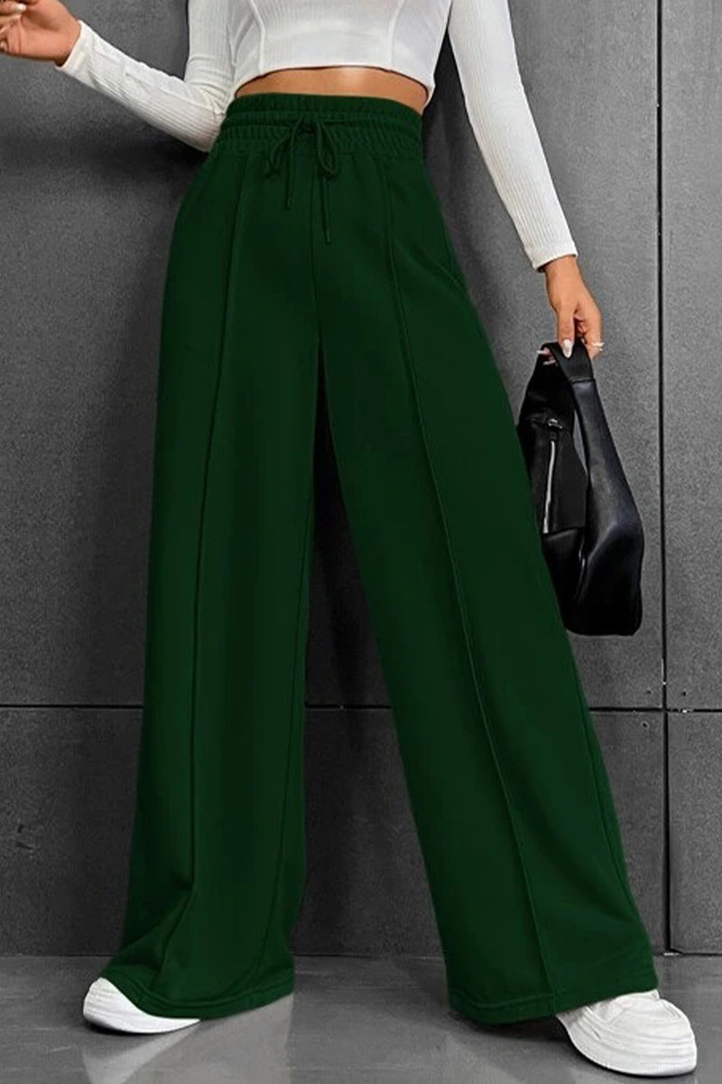 Pantalones casuales de color liso con frenillo suelto, cintura alta, pierna ancha (6 colores)