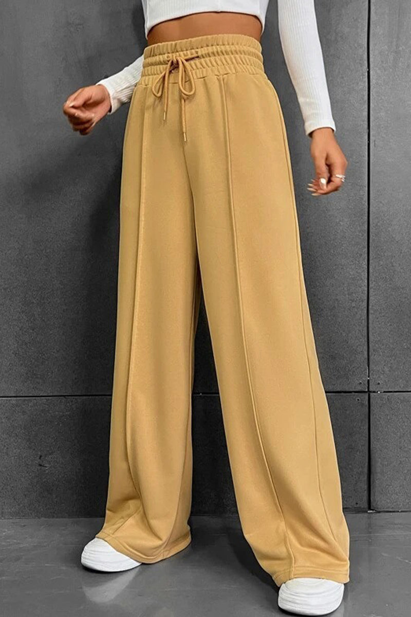 Pantalones casuales de color liso con frenillo suelto, cintura alta, pierna ancha (6 colores)