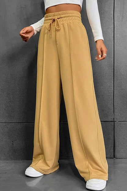Pantalones casuales de color liso con frenillo suelto, cintura alta, pierna ancha (6 colores)