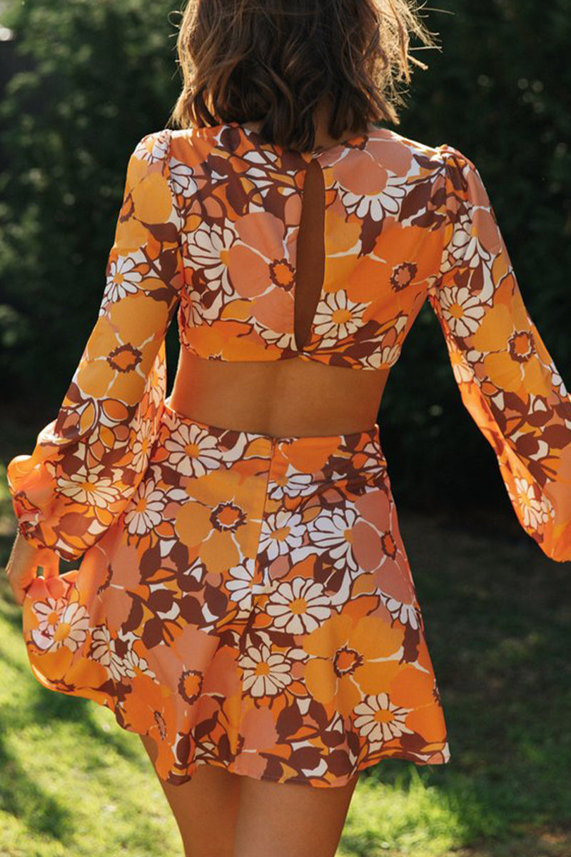 Vestido sexy con estampado floral ahuecado y cuello redondo