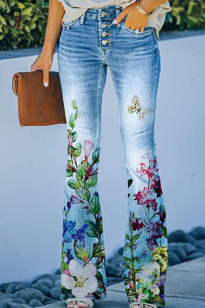 Vaqueros casuales de mezclilla regular con bolsillo floral (9 colores)