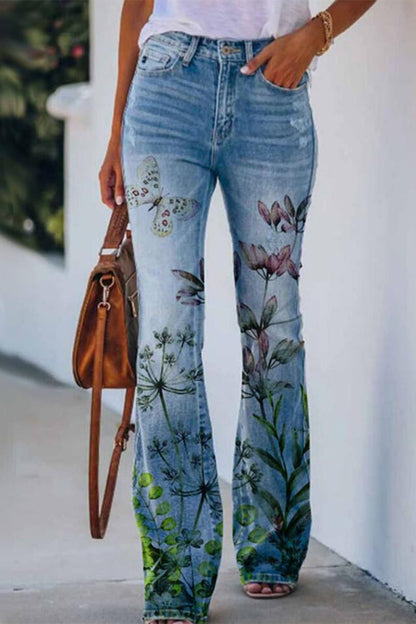Vaqueros casuales de mezclilla regular con bolsillo floral (9 colores)