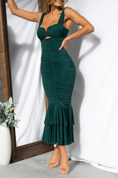 Vestidos sexis de corte sirena con cuello cuadrado y pliegues sólidos