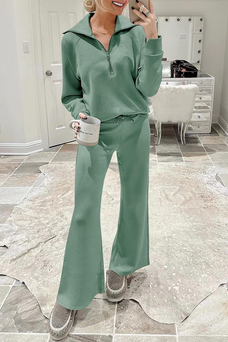 Ropa deportiva informal de dos piezas con bolsillos sólidos, cremallera y cuello vuelto, manga larga
