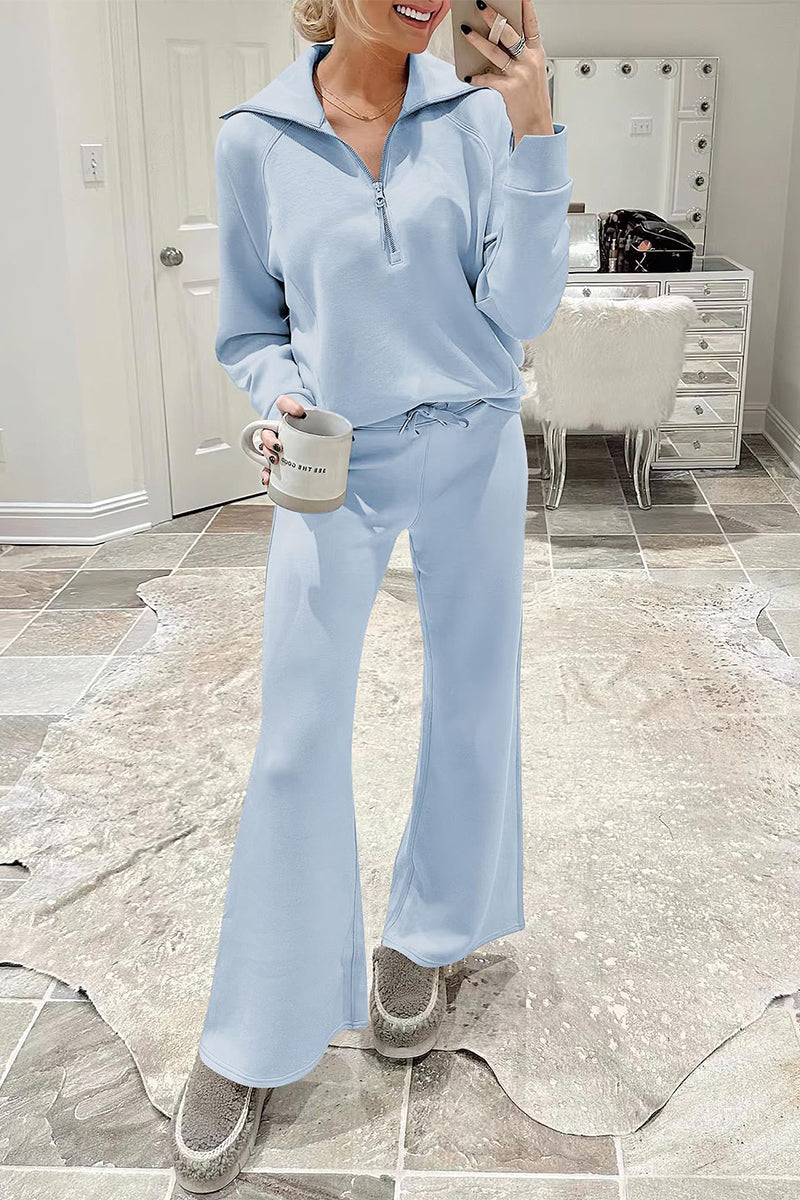 Ropa deportiva informal de dos piezas con bolsillos sólidos, cremallera y cuello vuelto, manga larga