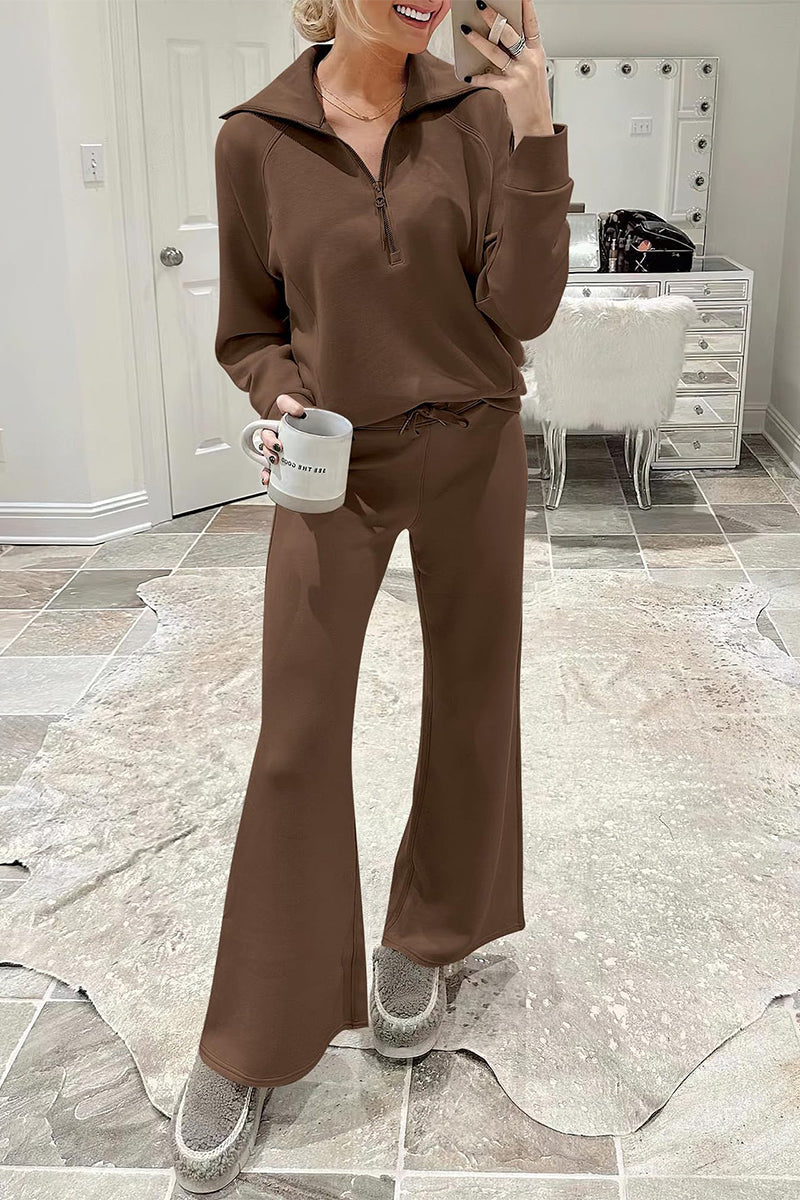 Ropa deportiva informal de dos piezas con bolsillos sólidos, cremallera y cuello vuelto, manga larga