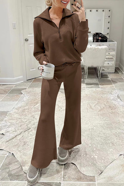 Ropa deportiva informal de dos piezas con bolsillos sólidos, cremallera y cuello vuelto, manga larga