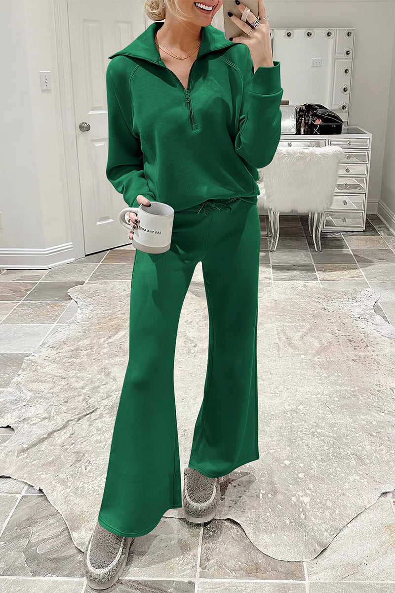 Ropa deportiva informal de dos piezas con bolsillos sólidos, cremallera y cuello vuelto, manga larga