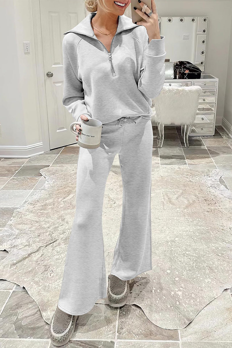Ropa deportiva informal de dos piezas con bolsillos sólidos, cremallera y cuello vuelto, manga larga