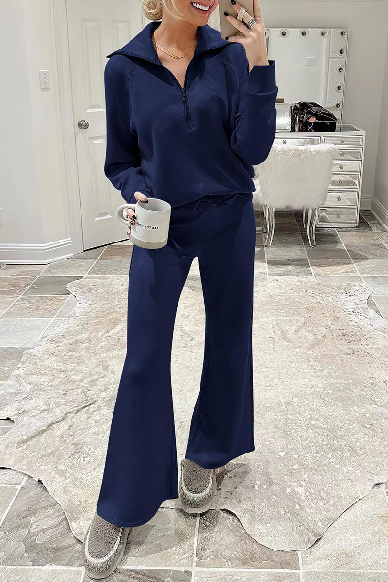 Ropa deportiva informal de dos piezas con bolsillos sólidos, cremallera y cuello vuelto, manga larga